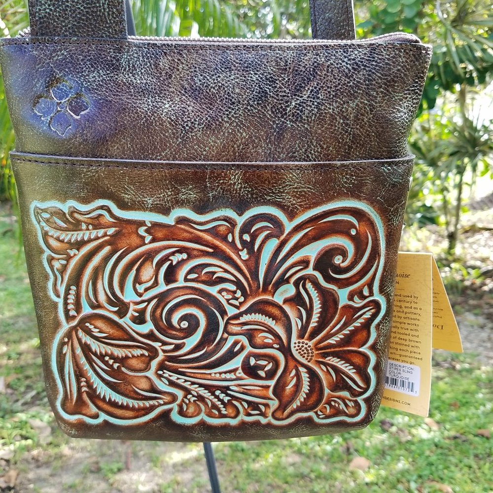 Hand-Tooled Floral Leather Crossbody Bag - Turquoise Accents